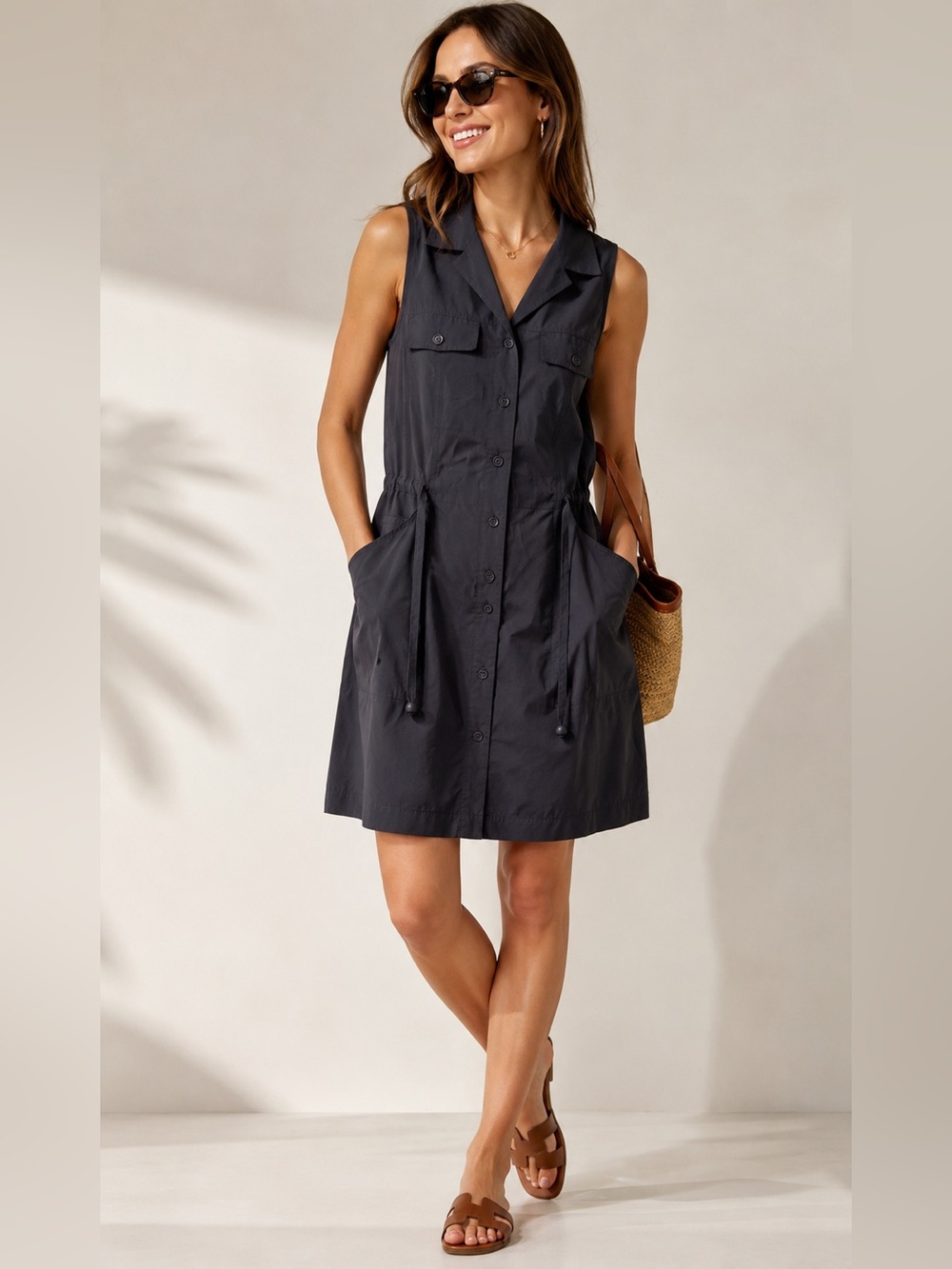 Vintage Weekend Max Mara Size 6 Silk Blend Sleeveless Utility Shirtdress